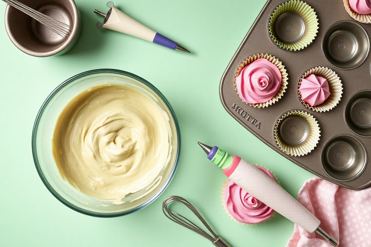 Cupcake batter, piping bags and a muffin tin on a mint counter