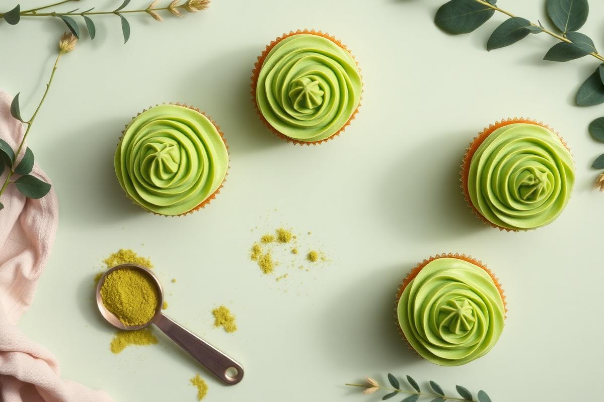 Matcha green buttercream cupcakes with a spoon of matcha powder