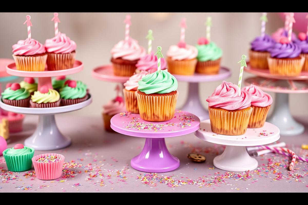 Pink, green and purple cupcakes on pastel cake stands at a party table