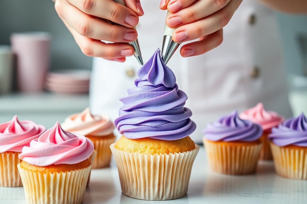 Hands piping a tall purple buttercream swirl onto a cupcake